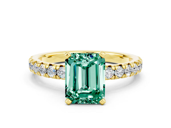 Yellow gold Emerald Cut Green Sapphire Solitaire Pavé Engagement Ring with Round Band and Prong Setting