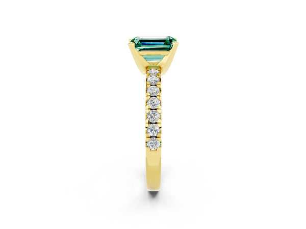 Yellow gold Emerald Cut Green Sapphire Solitaire Pavé Engagement Ring with Round Band and Prong Setting