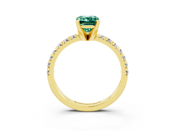 Yellow gold Emerald Cut Green Sapphire Solitaire Pavé Engagement Ring with Round Band and Prong Setting