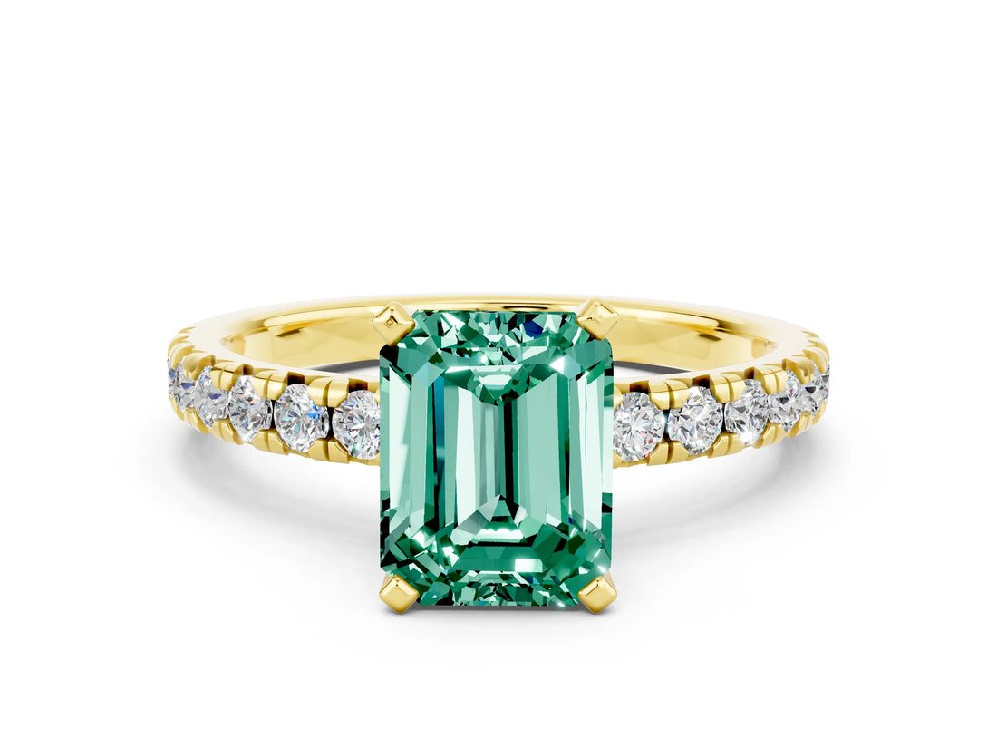 Yellow gold Emerald Cut Green Sapphire Solitaire Pavé Engagement Ring with Round Band and Prong Setting_60