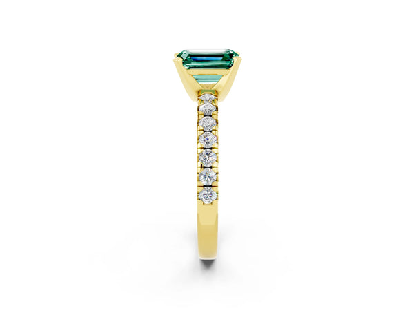 Yellow gold Emerald Cut Green Sapphire Solitaire Pavé Engagement Ring with Round Band and Prong Setting