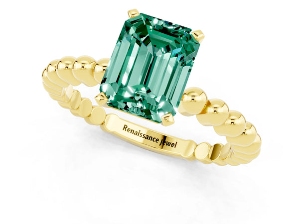 Yellow gold Emerald Cut Green Sapphire Solitaire Ring with Beaded Band and Prong Setting