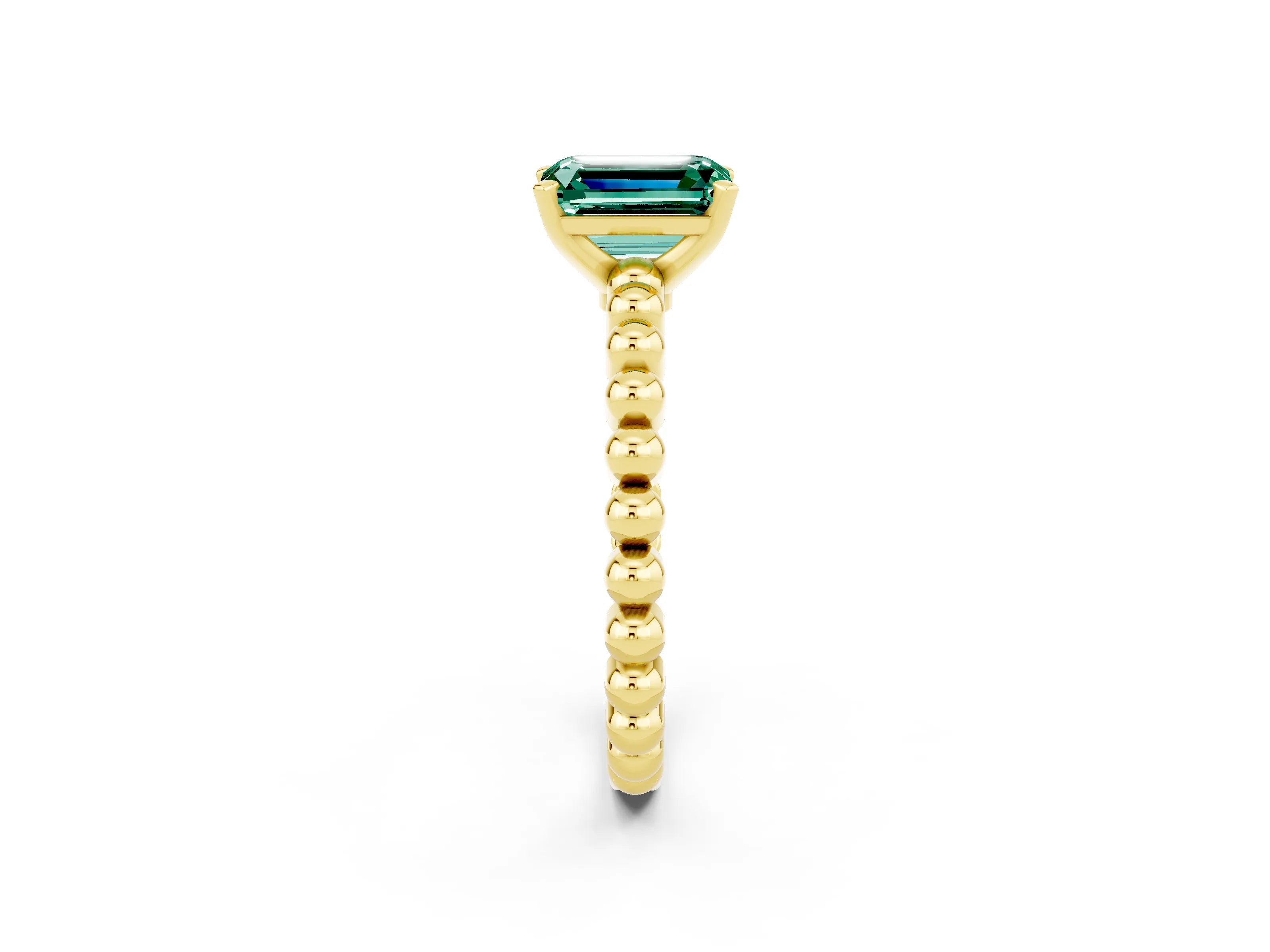 Yellow gold Emerald Cut Green Sapphire Solitaire Ring with Beaded Band and Prong Setting_2