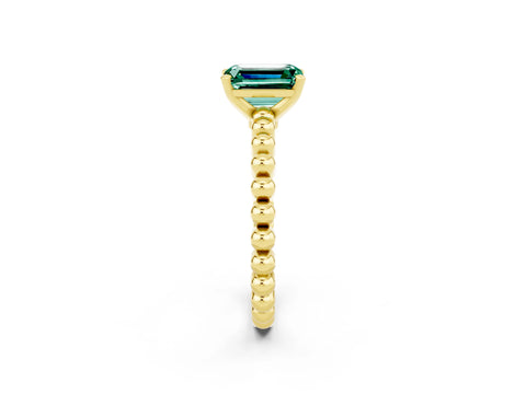 Yellow gold Emerald Cut Green Sapphire Solitaire Ring with Beaded Band and Prong Setting_2
