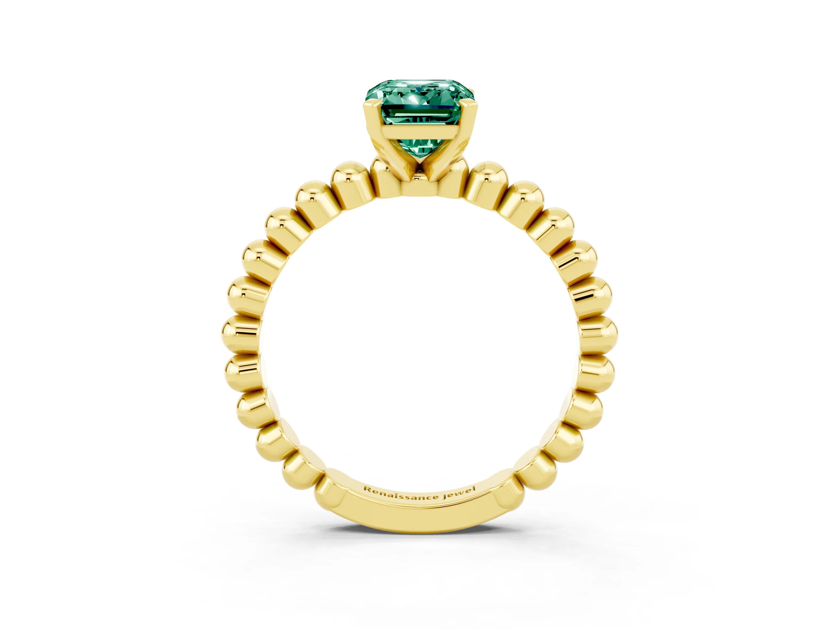 Yellow gold Emerald Cut Green Sapphire Solitaire Ring with Beaded Band and Prong Setting_3