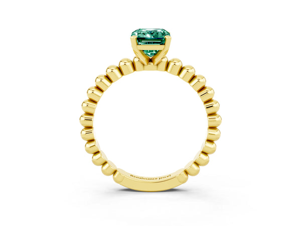 Yellow gold Emerald Cut Green Sapphire Solitaire Ring with Beaded Band and Prong Setting
