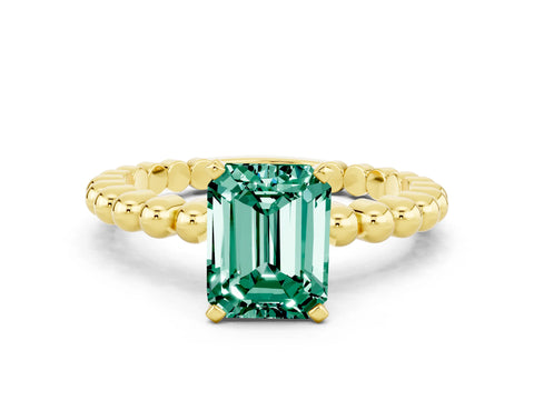 Yellow gold Emerald Cut Green Sapphire Solitaire Ring with Beaded Band and Prong Setting