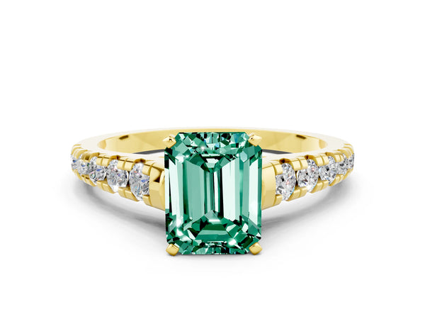 Yellow gold Emerald Cut Green Sapphire Cathedral Solitaire Ring with Round  Pavé Band