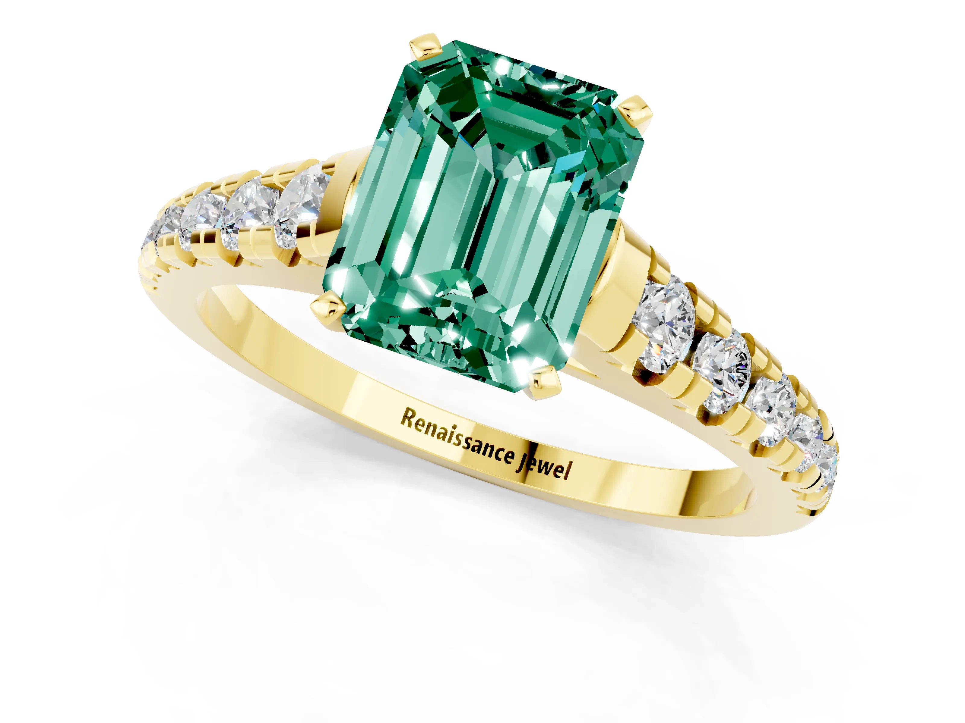 Yellow gold Emerald Cut Green Sapphire Solitaire Ring with Cathedral Setting and Pavé Band_1