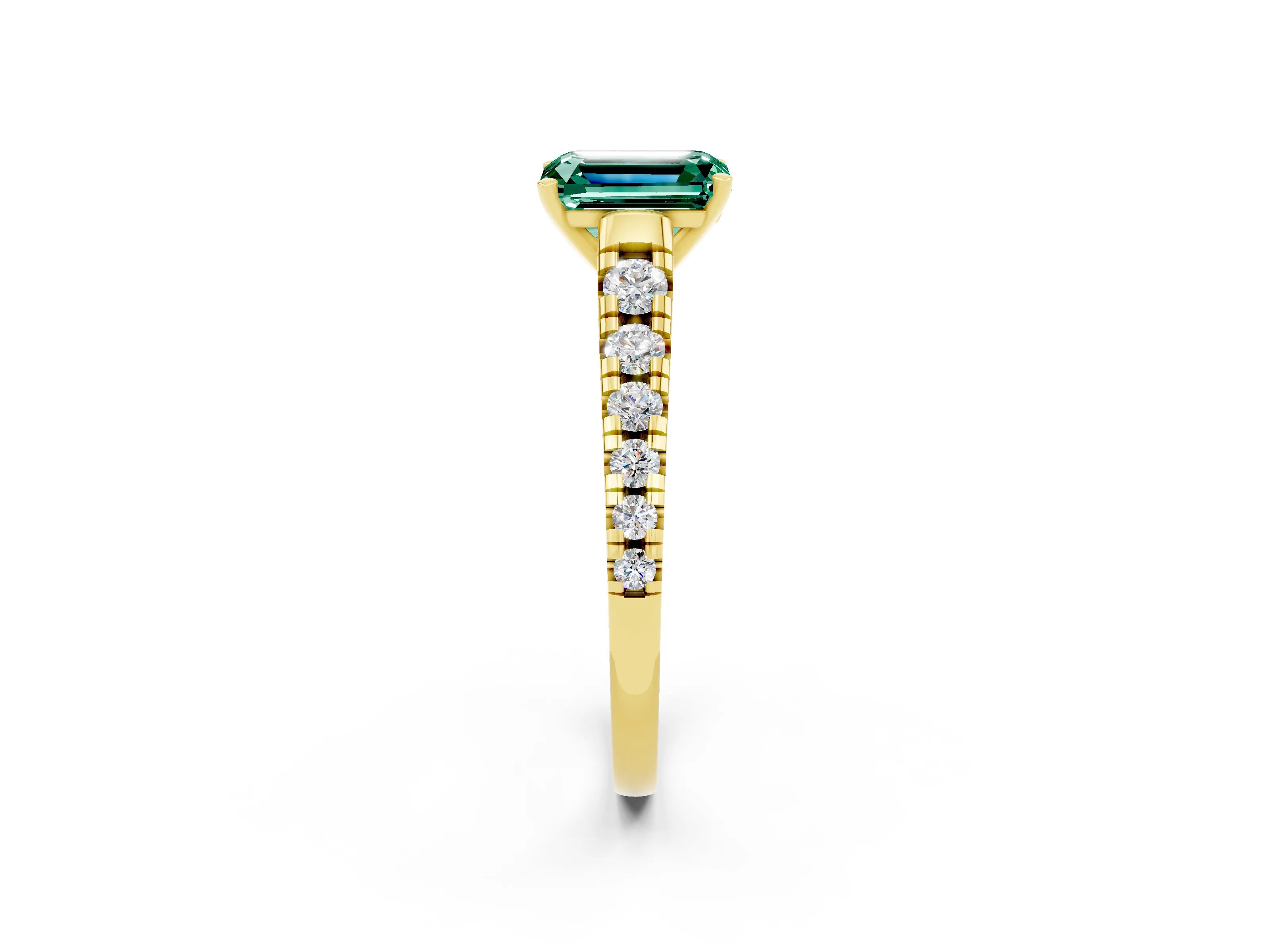 Yellow gold Emerald Cut Green Sapphire Solitaire Ring with Cathedral Setting and Pavé Band_2
