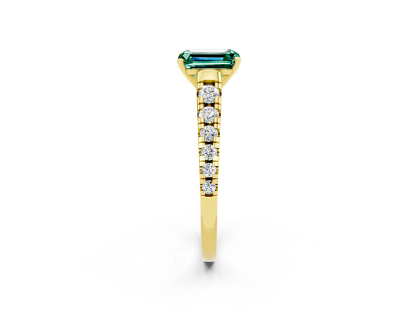 Yellow gold Emerald Cut Green Sapphire Cathedral Solitaire Ring with Round  Pavé Band