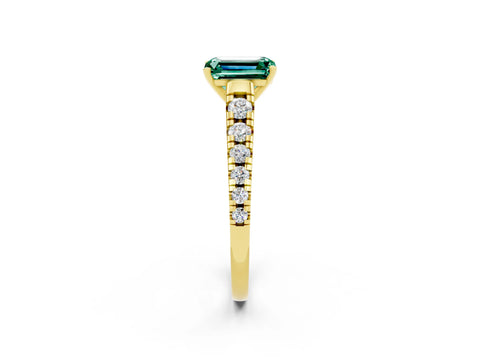 Yellow gold Emerald Cut Green Sapphire Solitaire Ring with Cathedral Setting and Pavé Band_2