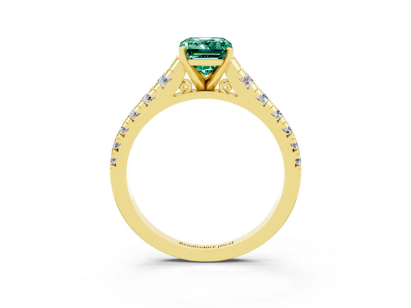 Yellow gold Emerald Cut Green Sapphire Cathedral Solitaire Ring with Round  Pavé Band