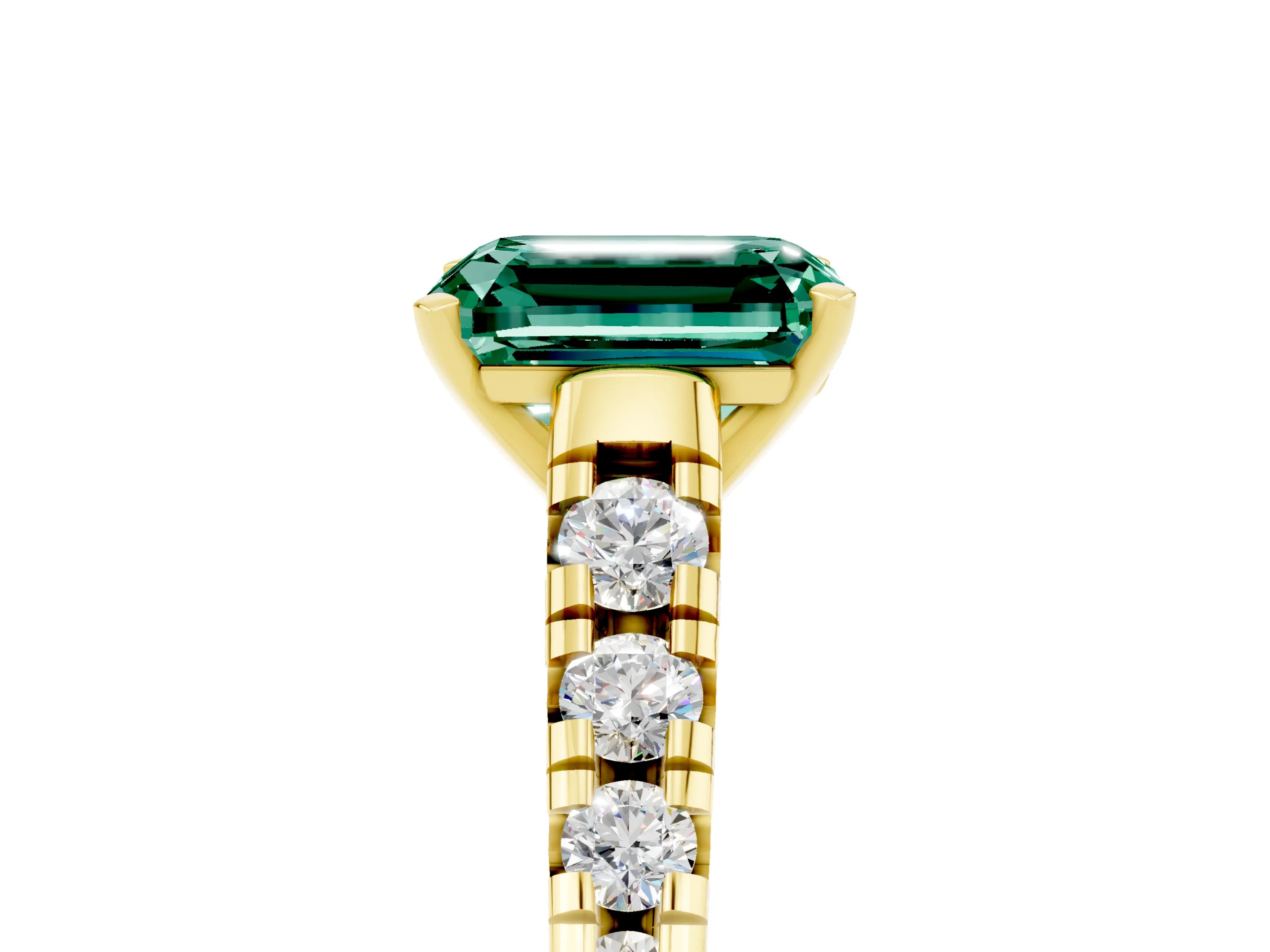 Yellow gold Emerald Cut Green Sapphire Solitaire Ring with Cathedral Setting and Pavé Band_5