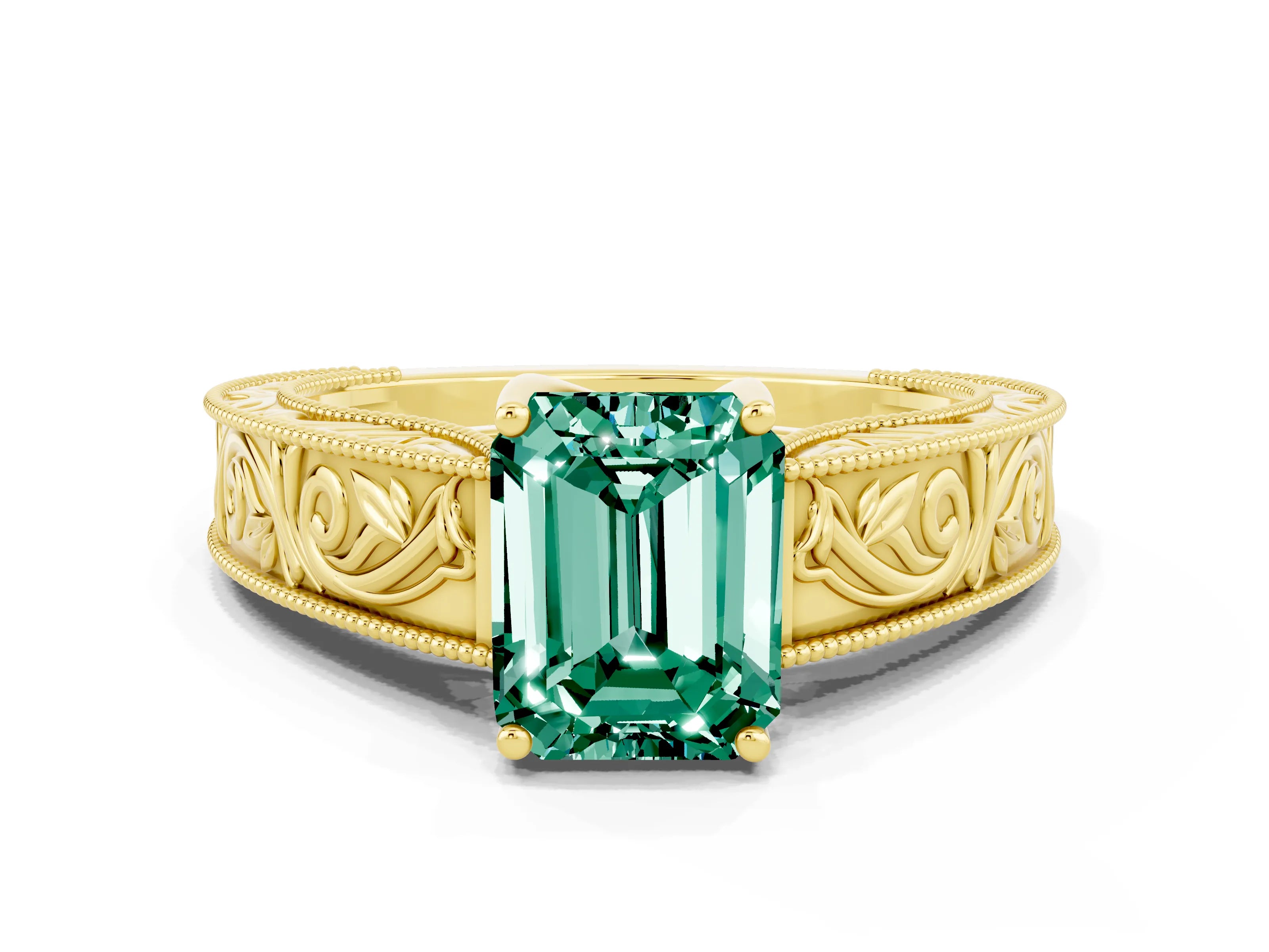Yellow gold Emerald Cut Green Sapphire Solitaire Ring with Engraved Band and Four-Prong Setting