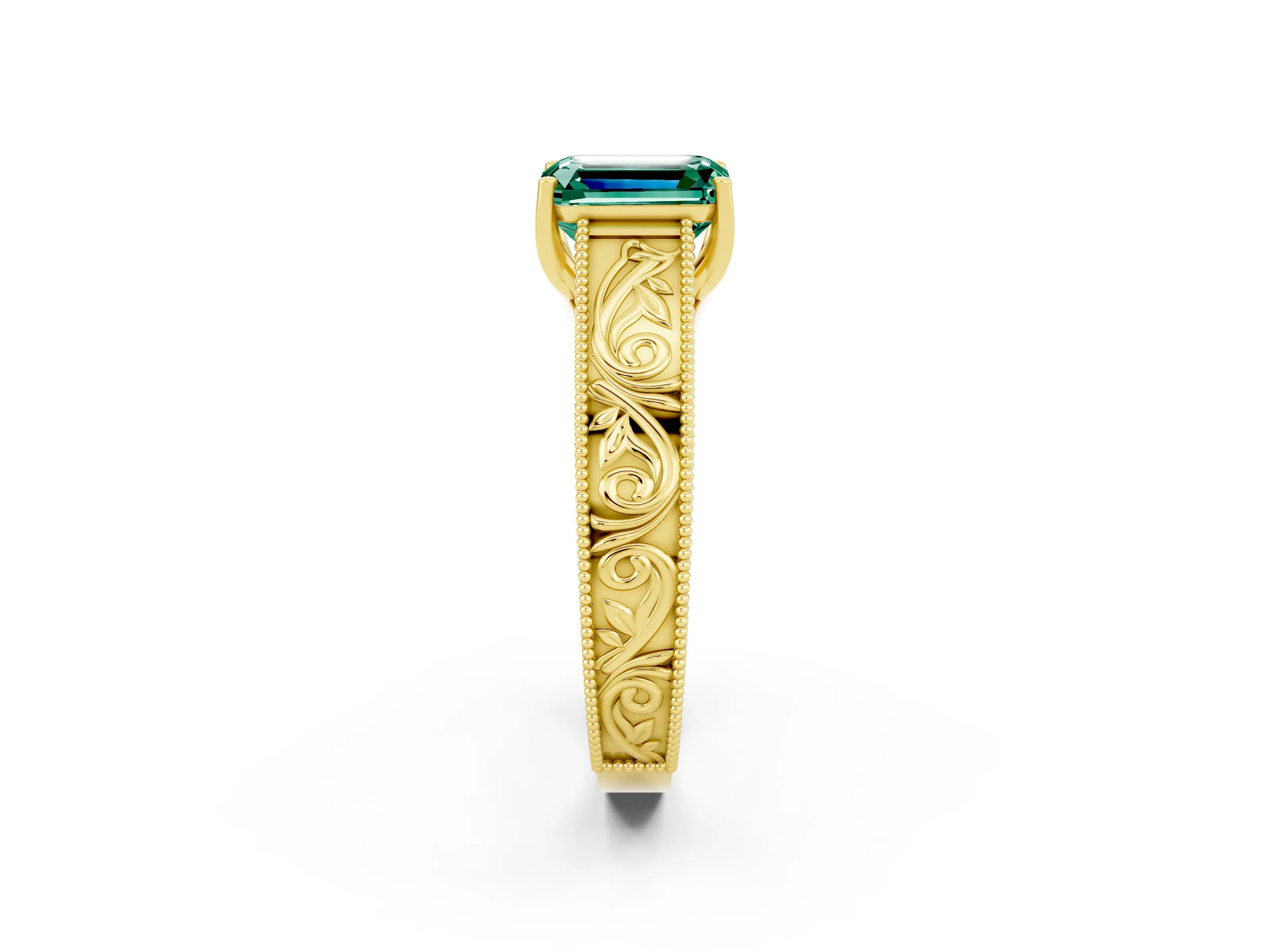 Yellow gold Emerald Cut Green Sapphire Solitaire Ring with Engraved Band and Four-Prong Setting_2