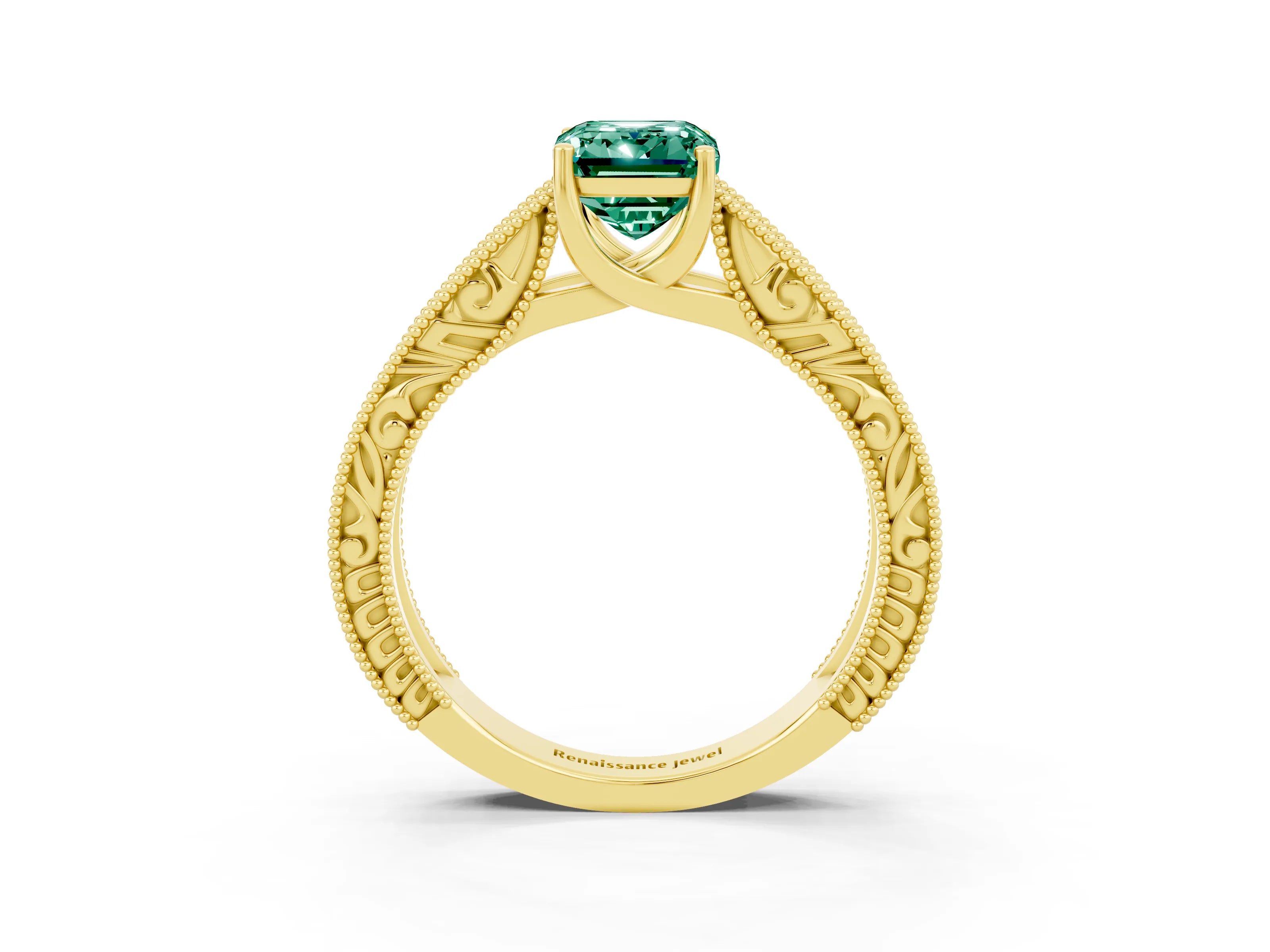 Yellow gold Emerald Cut Green Sapphire Solitaire Ring with Engraved Band and Four-Prong Setting_3