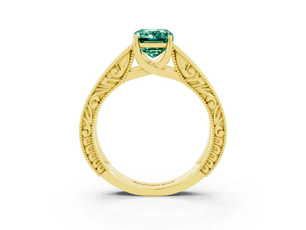 Yellow gold Emerald Cut Green Sapphire Solitaire Ring with Engraved Band and Four-Prong Setting