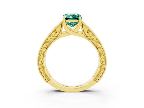 Yellow gold Emerald Cut Green Sapphire Solitaire Ring with Engraved Band and Four-Prong Setting_3