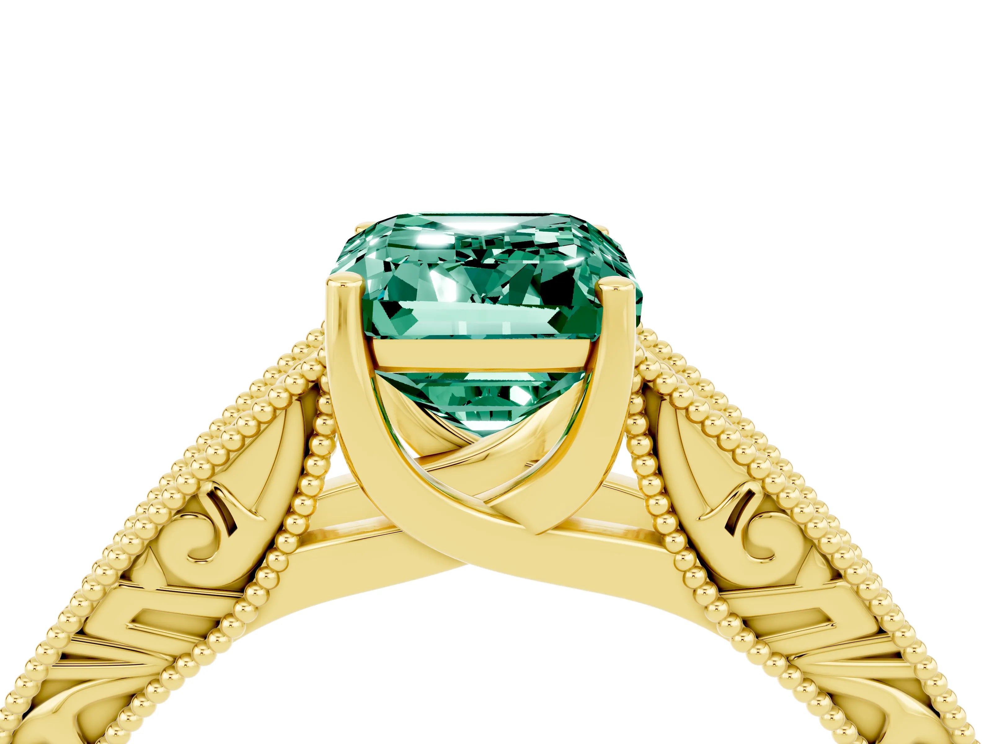Yellow gold Emerald Cut Green Sapphire Solitaire Ring with Engraved Band and Four-Prong Setting_4