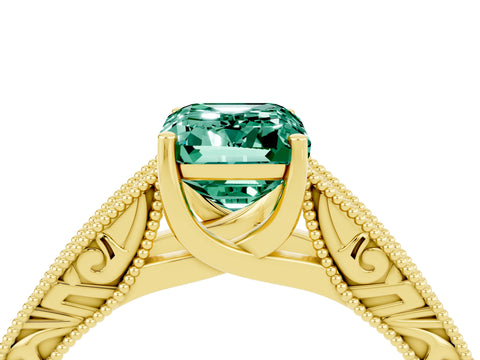 Yellow gold Emerald Cut Green Sapphire Solitaire Ring with Engraved Band and Four-Prong Setting_4