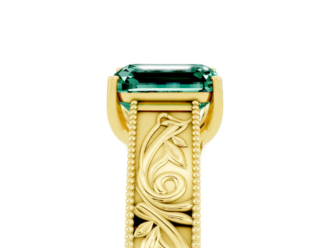 Yellow gold Emerald Cut Green Sapphire Solitaire Ring with Engraved Band and Four-Prong Setting_5