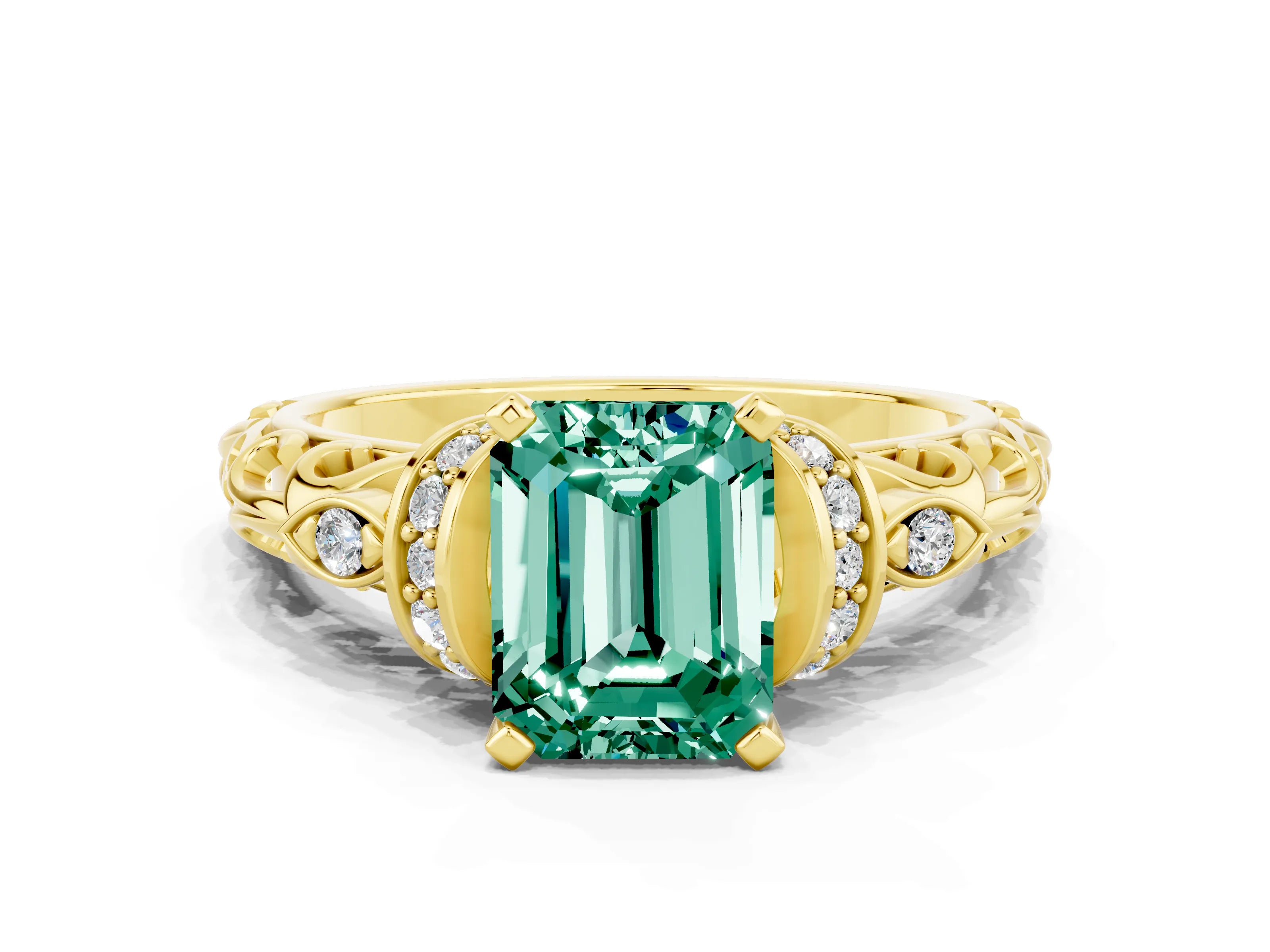 Yellow gold Emerald Cut Green Sapphire Solitaire Ring with Filigree Band and Four-Prong Setting_24