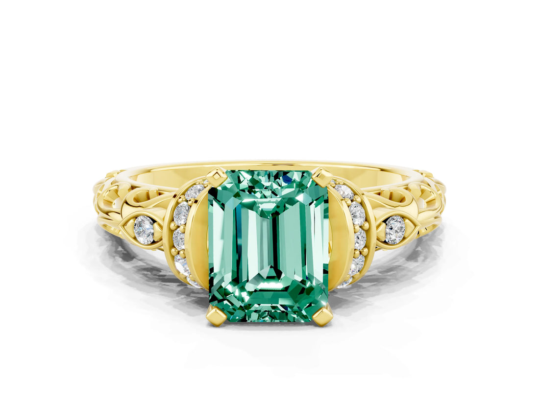 Yellow gold Emerald Cut Green Sapphire Solitaire Ring with Filigree Band and Four-Prong Setting_24