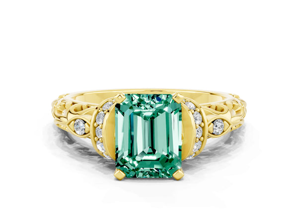 Yellow gold Emerald Cut Green Sapphire Solitaire Ring with Filigree Band and Four-Prong Setting