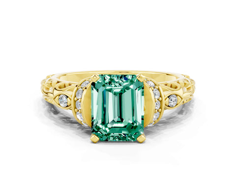 Yellow gold Emerald Cut Green Sapphire Solitaire Ring with Filigree Band and Four-Prong Setting_24