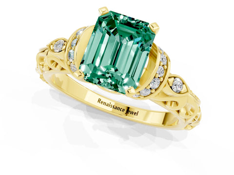 Yellow gold Emerald Cut Green Sapphire Solitaire Ring with Filigree Band and Four-Prong Setting_25