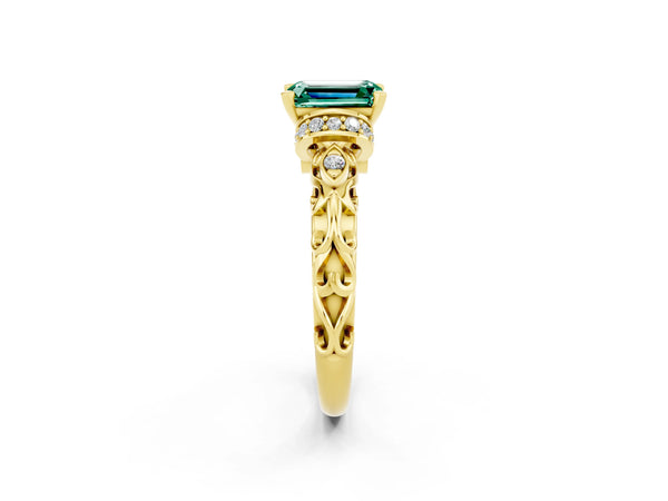 Yellow gold Emerald Cut Green Sapphire Solitaire Ring with Filigree Band and Four-Prong Setting