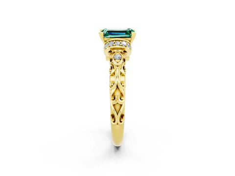 Yellow gold Emerald Cut Green Sapphire Solitaire Ring with Filigree Band and Four-Prong Setting_26
