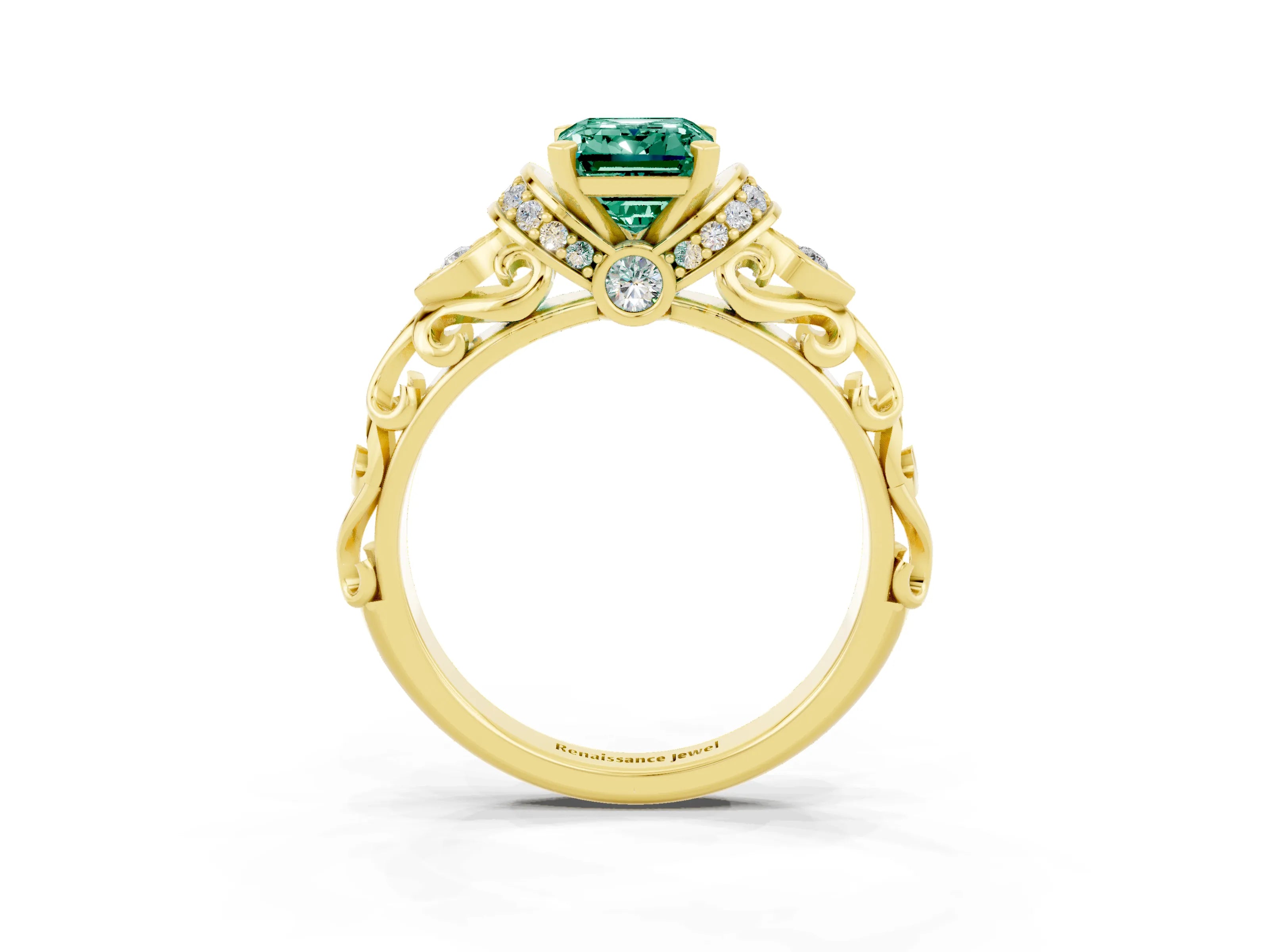 Yellow gold Emerald Cut Green Sapphire Solitaire Ring with Filigree Band and Four-Prong Setting_27