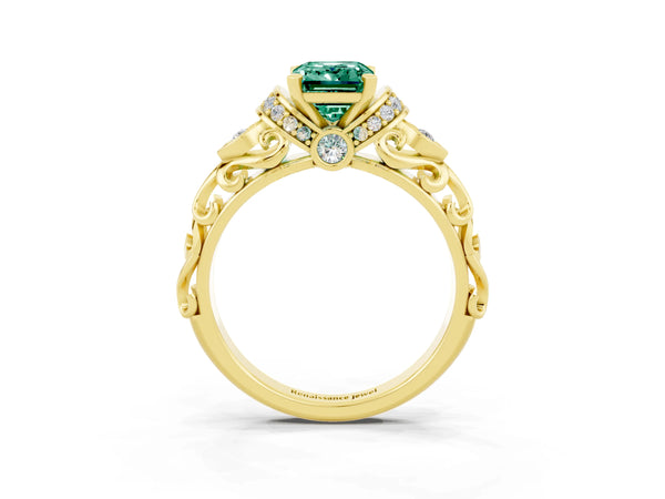 Yellow gold Emerald Cut Green Sapphire Solitaire Ring with Filigree Band and Four-Prong Setting