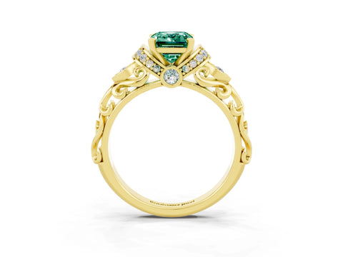 Yellow gold Emerald Cut Green Sapphire Solitaire Ring with Filigree Band and Four-Prong Setting_27