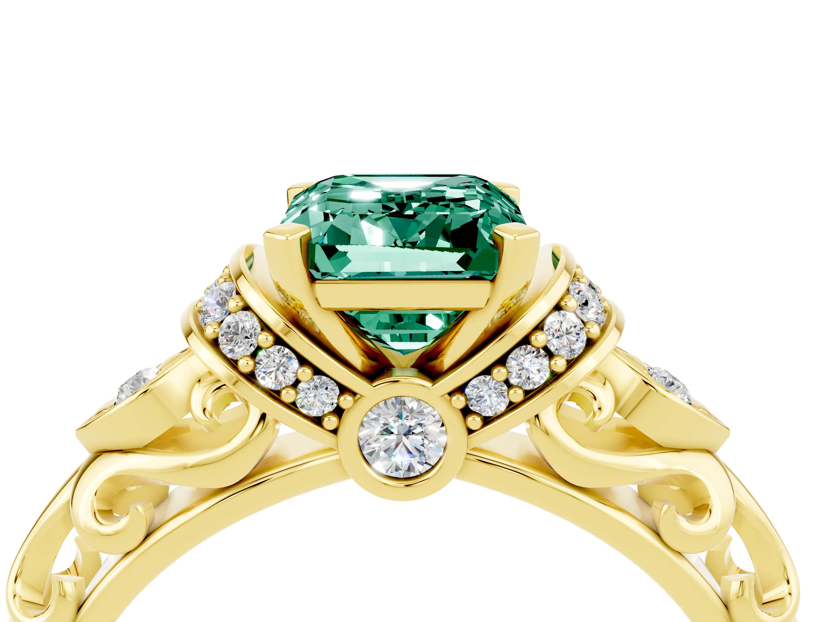 Yellow gold Emerald Cut Green Sapphire Solitaire Ring with Filigree Band and Four-Prong Setting_28