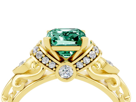 Yellow gold Emerald Cut Green Sapphire Solitaire Ring with Filigree Band and Four-Prong Setting_28