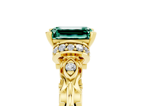 Yellow gold Emerald Cut Green Sapphire Solitaire Ring with Filigree Band and Four-Prong Setting_29