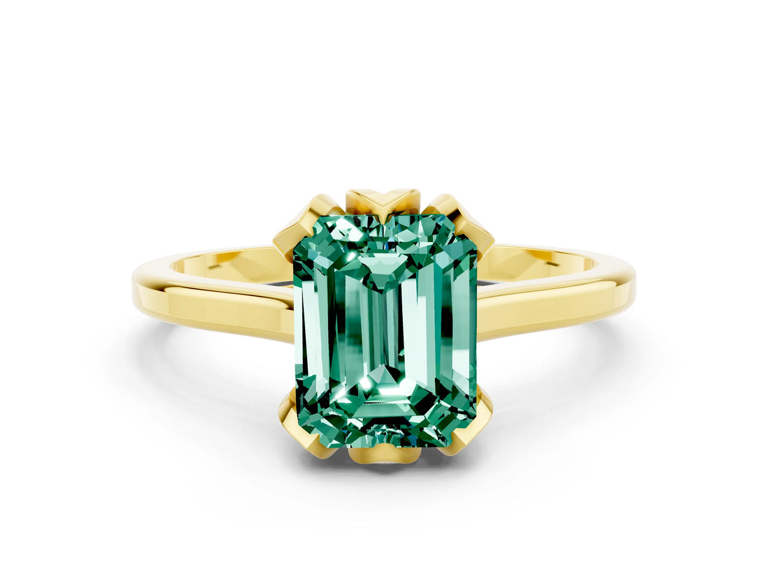 Yellow gold Emerald Cut Green Sapphire Solitaire Ring with Flower Prong Setting and Classic Band_12