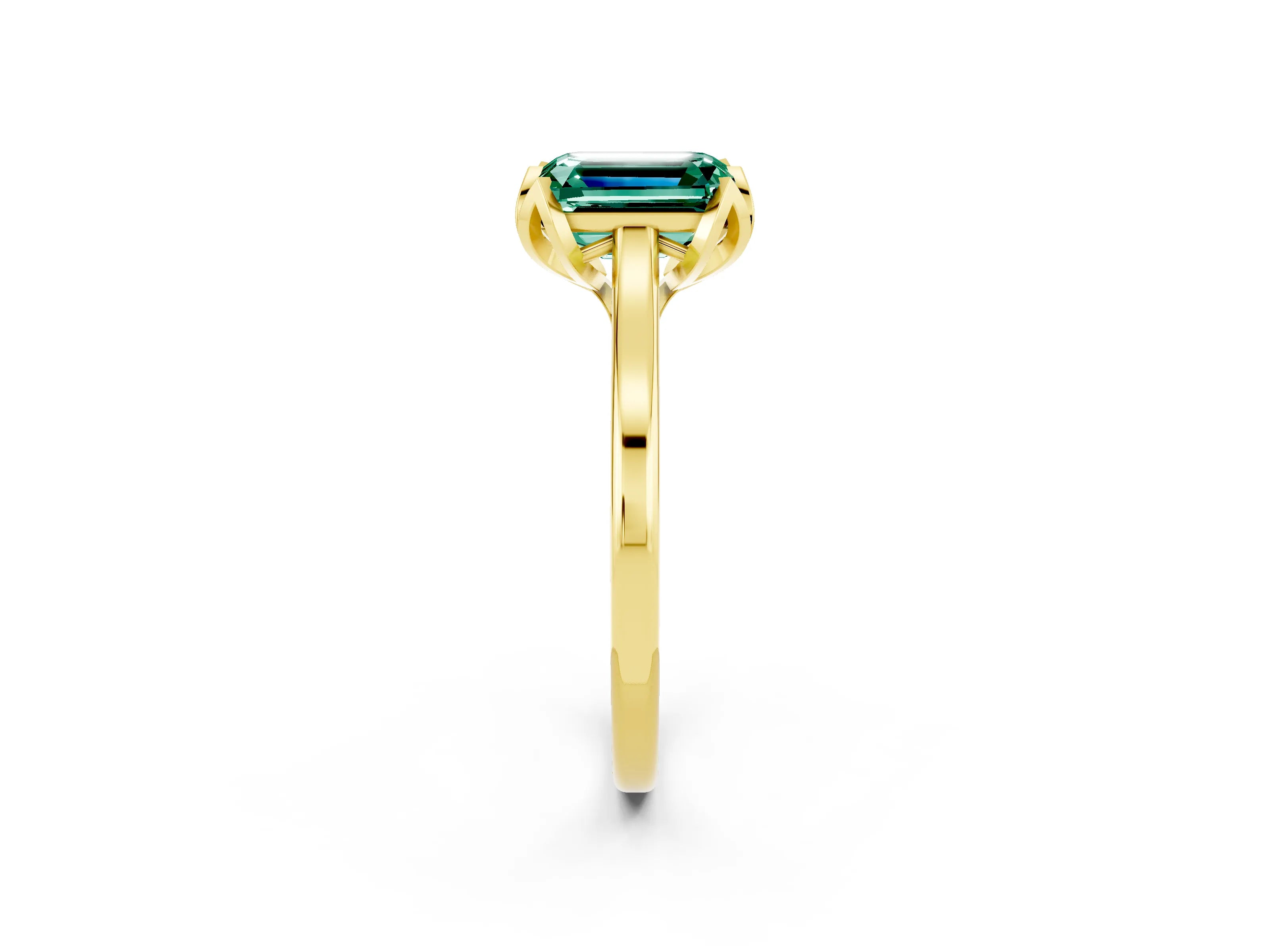 Yellow gold Emerald Cut Green Sapphire Solitaire Ring with Flower Prong Setting and Classic Band_14