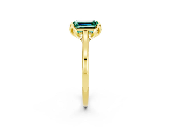 Yellow gold Emerald Cut Green Sapphire Solitaire Ring with Flower Prong Setting and Classic Band