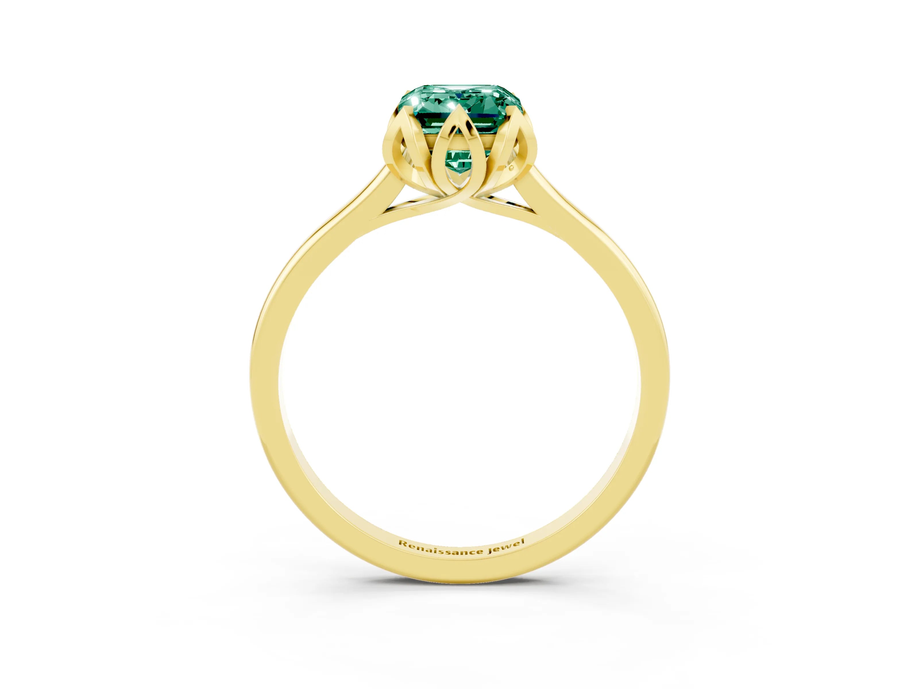 Yellow gold Emerald Cut Green Sapphire Solitaire Ring with Flower Prong Setting and Classic Band_15