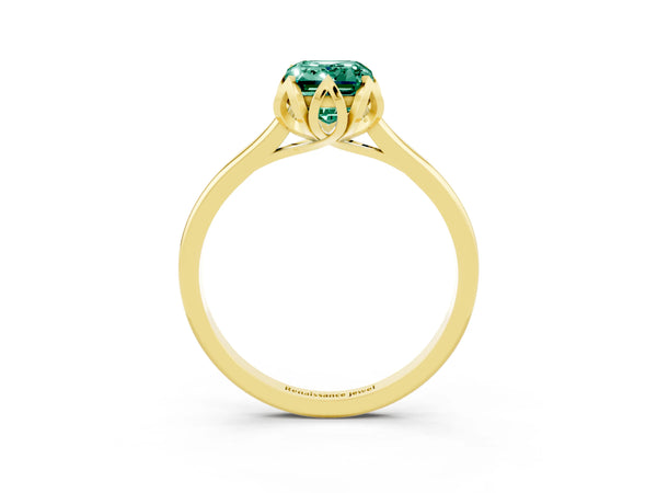 Yellow gold Emerald Cut Green Sapphire Solitaire Ring with Flower Prong Setting and Classic Band