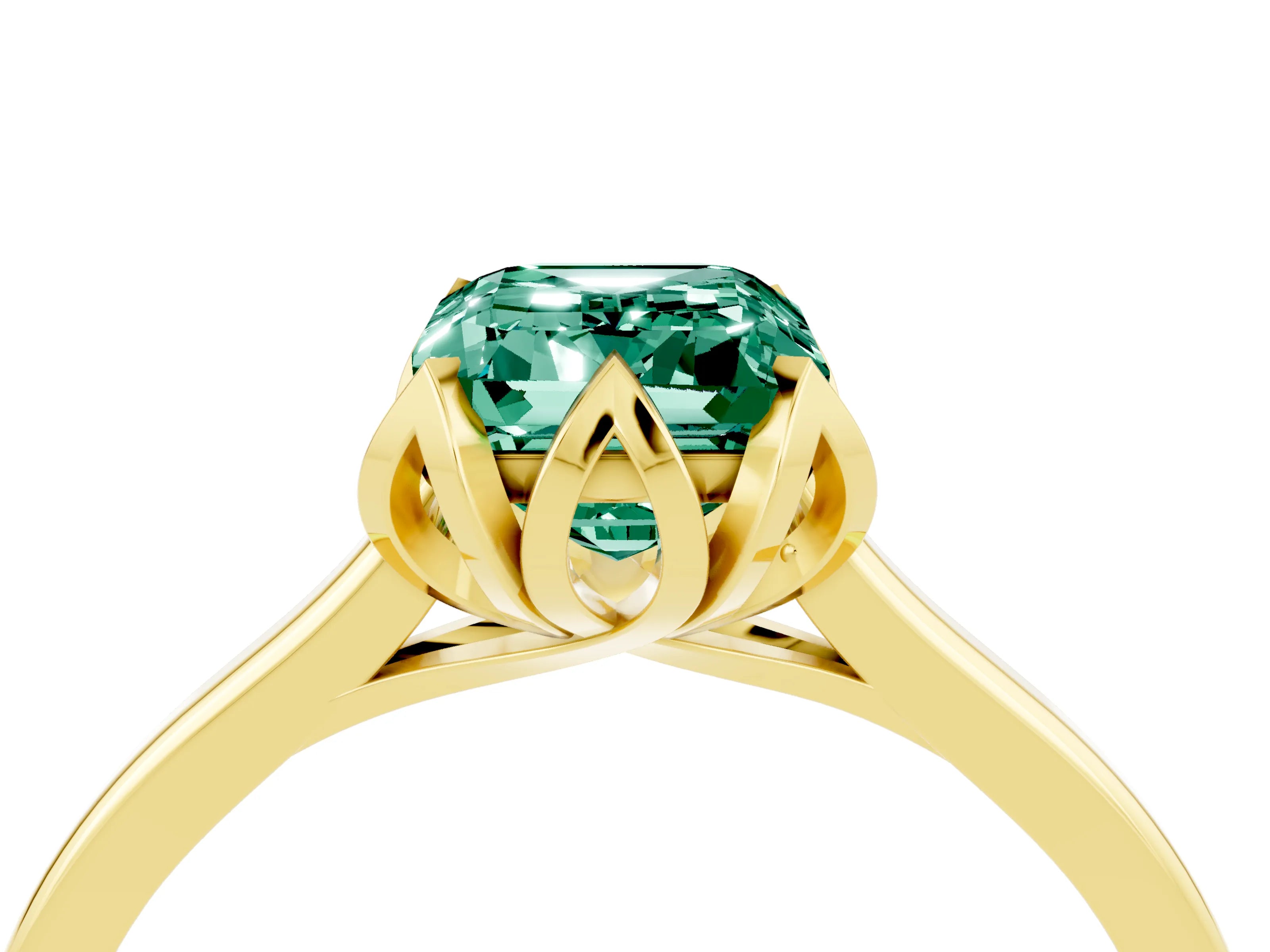 Yellow gold Emerald Cut Green Sapphire Solitaire Ring with Flower Prong Setting and Classic Band_16