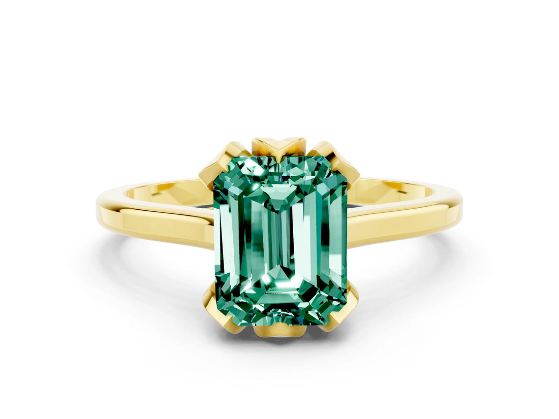 Yellow gold Emerald Cut Green Sapphire Solitaire Ring with Flower Prong Setting and Classic Band_36