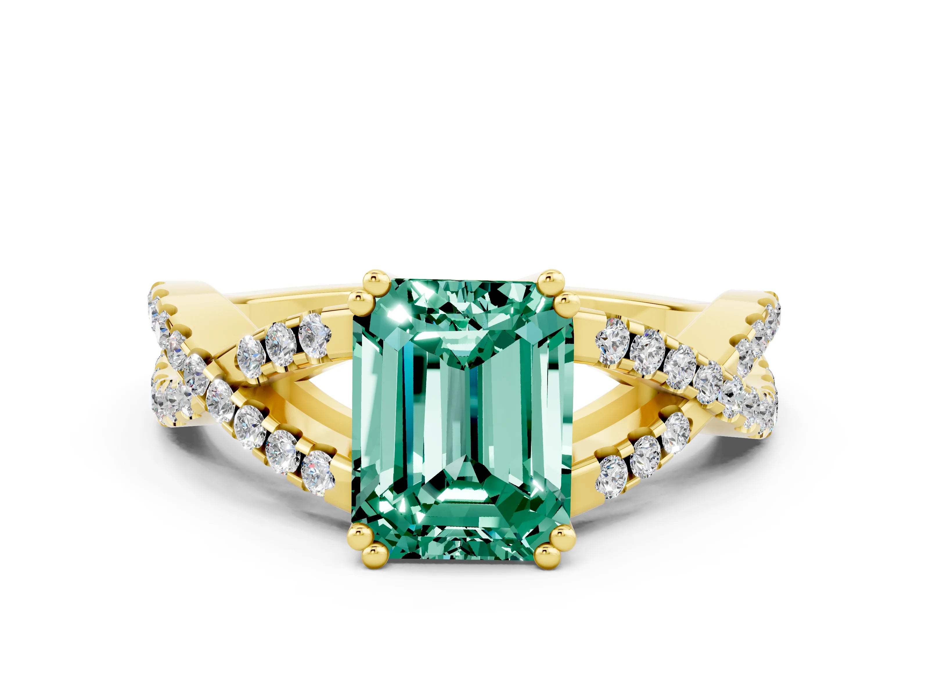 Yellow gold Emerald Cut Green Sapphire Solitaire Ring with Four-Prong Setting and Twisted Pavé Band