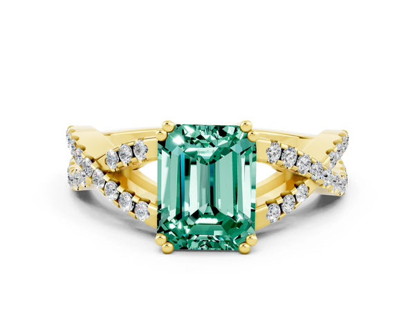 Yellow gold Emerald Cut Green Sapphire Solitaire Ring with Four-Prong Setting and Twisted Pavé Band