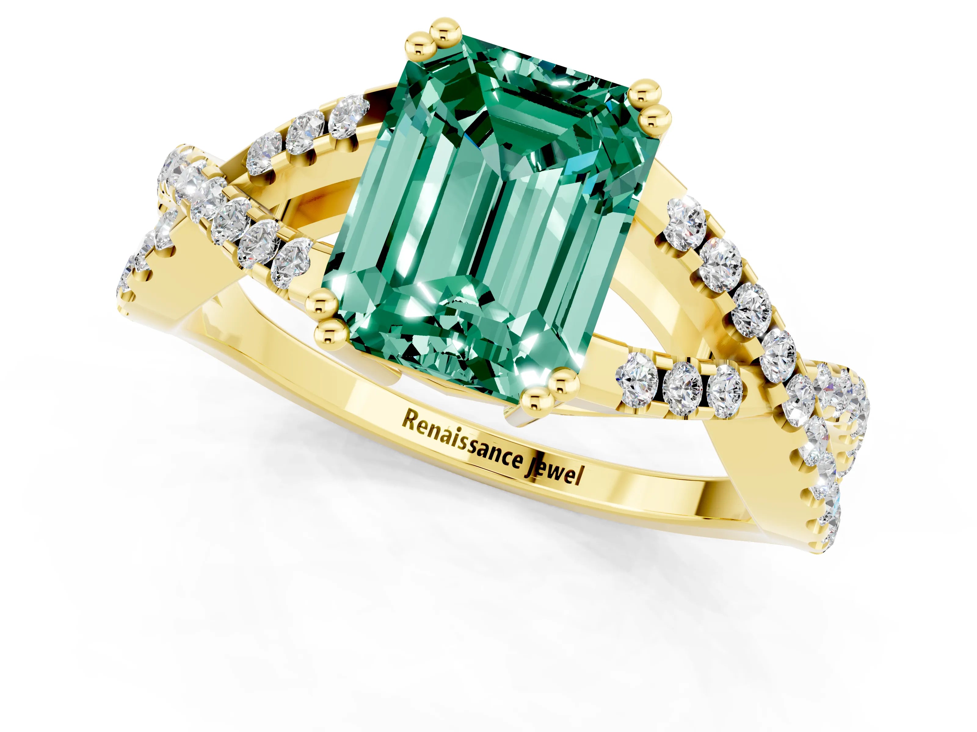Yellow gold Emerald Cut Green Sapphire Solitaire Ring with Four-Prong Setting and Twisted Pavé Band_1