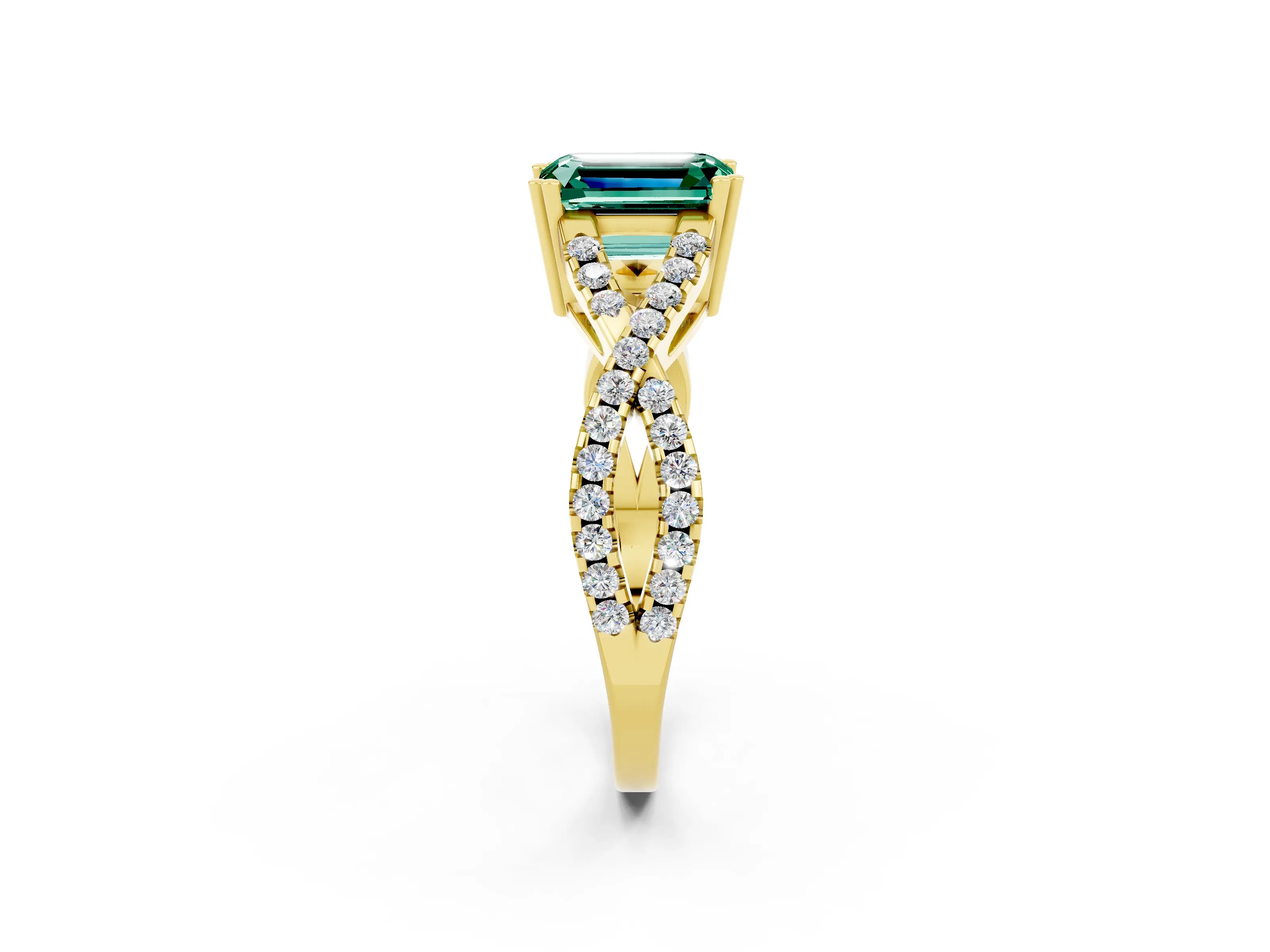 Yellow gold Emerald Cut Green Sapphire Solitaire Ring with Four-Prong Setting and Twisted Pavé Band_2